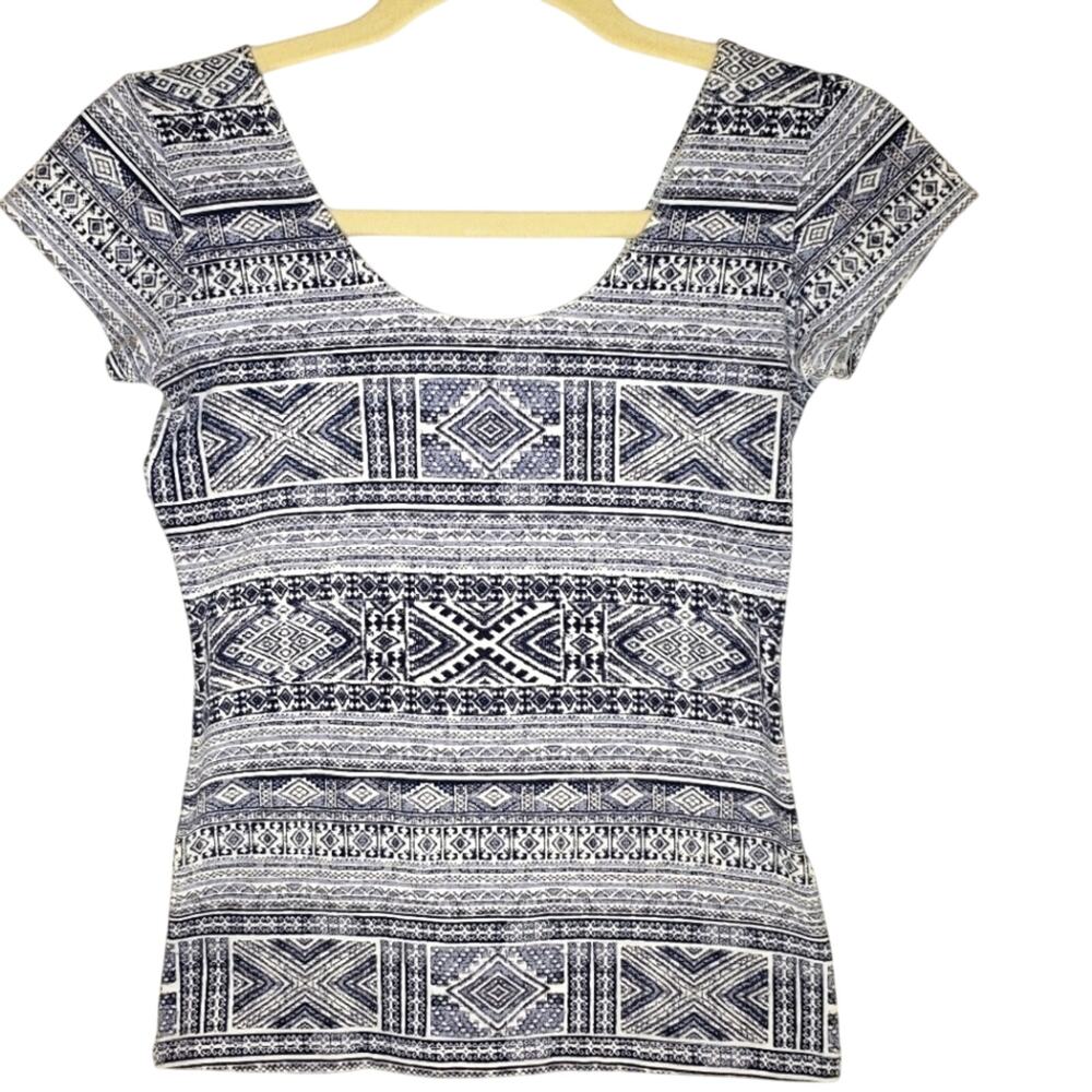 Garage Scoop Neck Blue Azrec Printed Top Sm Petite